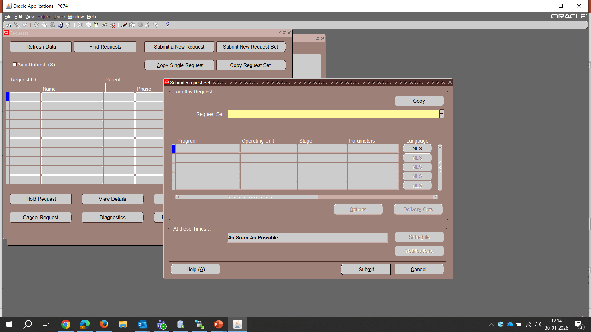 Oracle EBS Submit Request Set window, empty