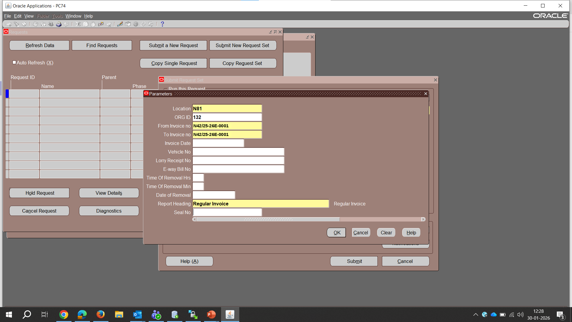 Oracle EBS report parameters window for a GST e-invoice run