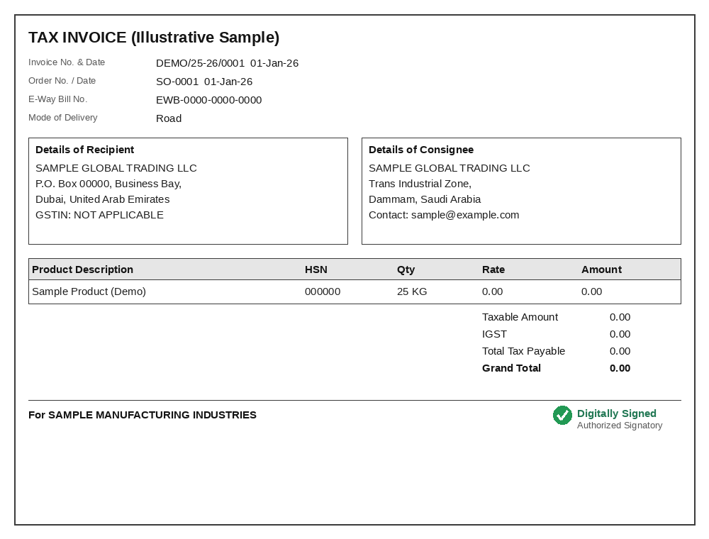 Illustrative sample invoice showing a digitally signed authorized signatory block